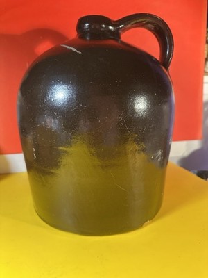 Antique Stoneware Pottery Beehive Whiskey Jug, Brown Glaze, Kiln Imperfections