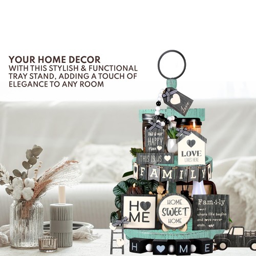 Adjustable 3 Tier Tray Stand With Farmhouse Decor - Teal Decorative Trays, Cu... - Picture 5 of 6