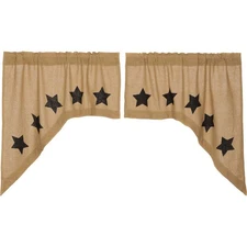 New Primitive Country Farmhouse Rustic BLACK STAR BURLAP SWAGS Cafe Curtains