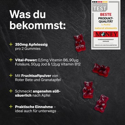 natural elements Apfelessig Gummies   120 Gummibärchen Vitamin B6, B12, Folsäure