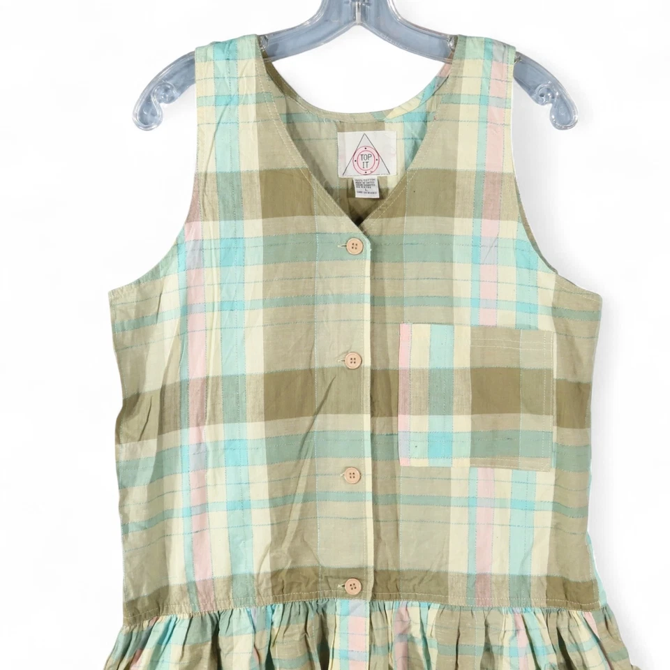 Antigo Vestido Top It Jumper CINTURA CAÍDA Fazenda Smock PASTEL XADREZ Bolsos TAMANHO G - Imagem 2 de 4