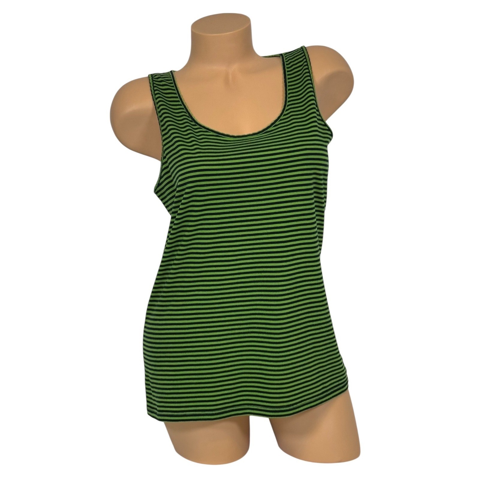 Talbots Women's Large Green Navy Blue Striped Scoop Neck Tank Top Picot Trim