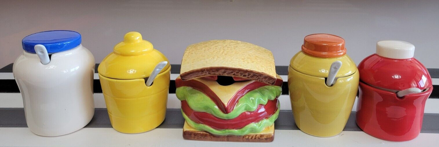 PIER 1 IMPORTS SANDWICH CONDIMENT SPINNER BLACK METAL HOLDER AND 5 CONTAINERS