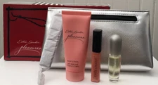 NIB 4 Pcs Estee Lauder PLEASURES Perfume Body Lotion Lip Gloss Cosmetic Bag NICE