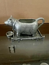 VINTAGE PIERRE DEUX PEWTER COW CREAMER STAND AND DRIP BUCKET TRAY