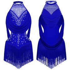 Girls Dance Dress Tassel Figure Ice Skating Bodysuit Latin Jazz Skirted Leotard