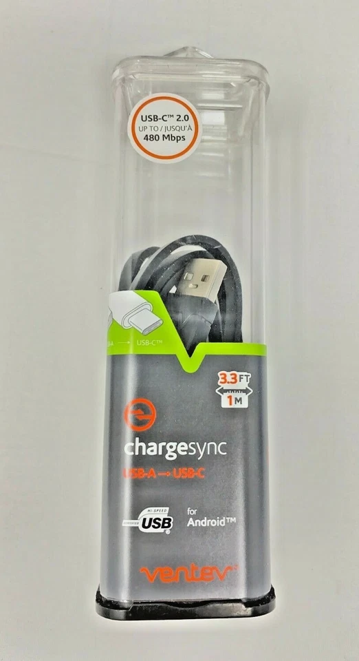 Кабель провод синхронизации зарядки универсальный для телефона черный Ventev USB-A - USB-C 3,3 фута упаковка 2 шт. - Изображение 2 из 2