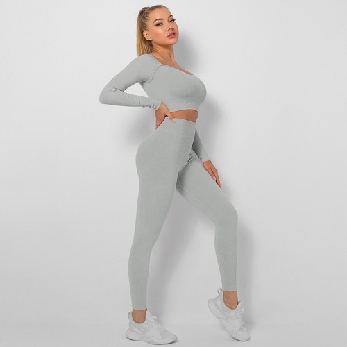 Damen 2-teilig Yoga Outfits nahtlos gerippt passend Fitness-Studio Kleidung Training Sets - Bild 81 von 124