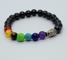 Natural Stone 7 Chakras Hematite Beaded Stretch Bracelet with Buddha Bead Unisex