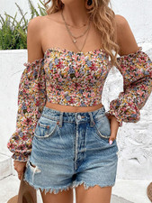 Women's Printed Off-the-Shoulder Casual Dress Flanged Sleeve