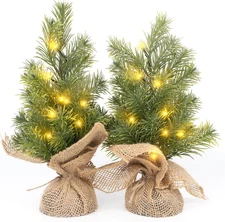 Set of 2 Mini Christmas Tree, 12 in Pre-Lit Tabletop Xmas Decorations with 8 War