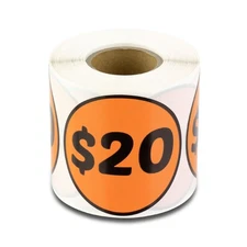 20 Dollar Price Stickers (2 inch, Dk Orange, Circle Dot - 300 Labels) 20 Doll...