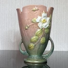 Roseville Art Pottery Vase Fluted Double Handle Ceramic Pink White Rose Vtg 40s