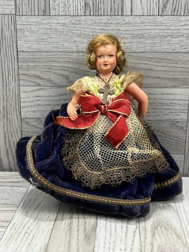 Vintage Celluloid Doll With Crucifix - Blue Velvet Dress - Girl Doll