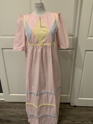Saybury Vintage Seersucker Dress Pink Blue Yellow Stripe Womens Size M NWT 