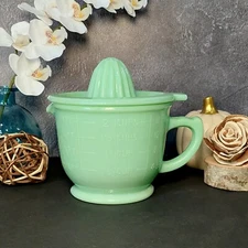 Green Jadeite Depression Style Glass Measuring Cup & Juicer Reamer, Vintage Bowl