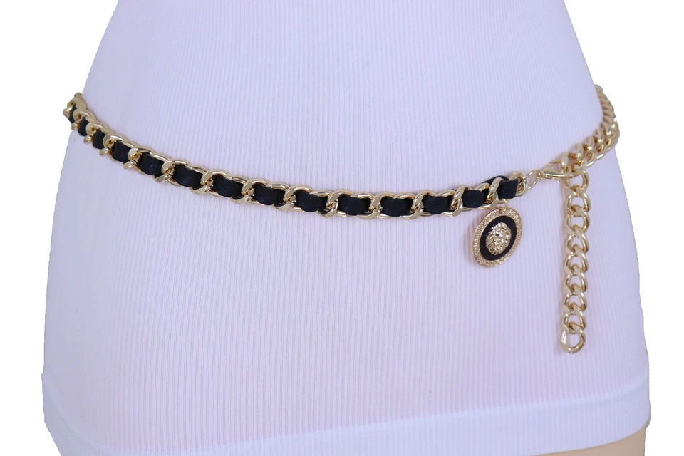 Women Hip Waist Black Band Street Wear Belt Gold Metal Chain Links Lion XS S M - Image 4 of 4