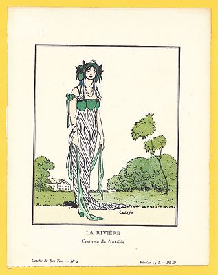 Gazette du Bon Ton N°4-Pl.III-1913-Sig.Carlègle ''LA RIVIÈRE''Costume de fantaisie