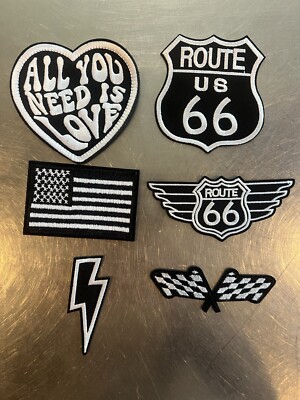 Set Of 6 ROUTE 66 Iron-On Patches Highway Road Sign Biker Historic Black & White