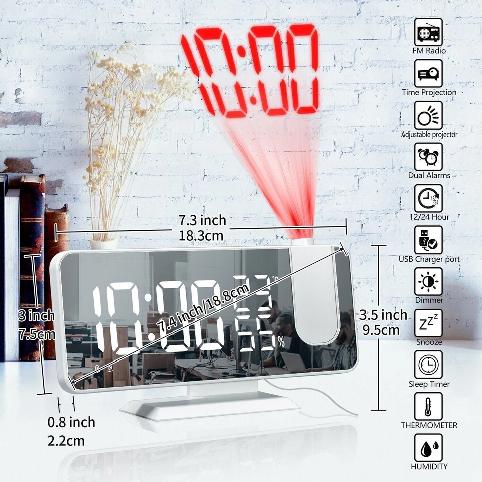 7.5" LED Digital Projector Projection Snooze Dual Alarm Clock FM Radio Timer USB - Image 3 of 4