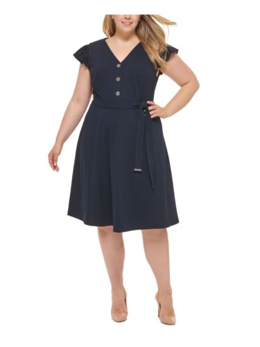TOMMY HILFIGER Womens Navy Belted Logo Buttons Flutter Sleeve Dress Plus 20W - Photo 1/8