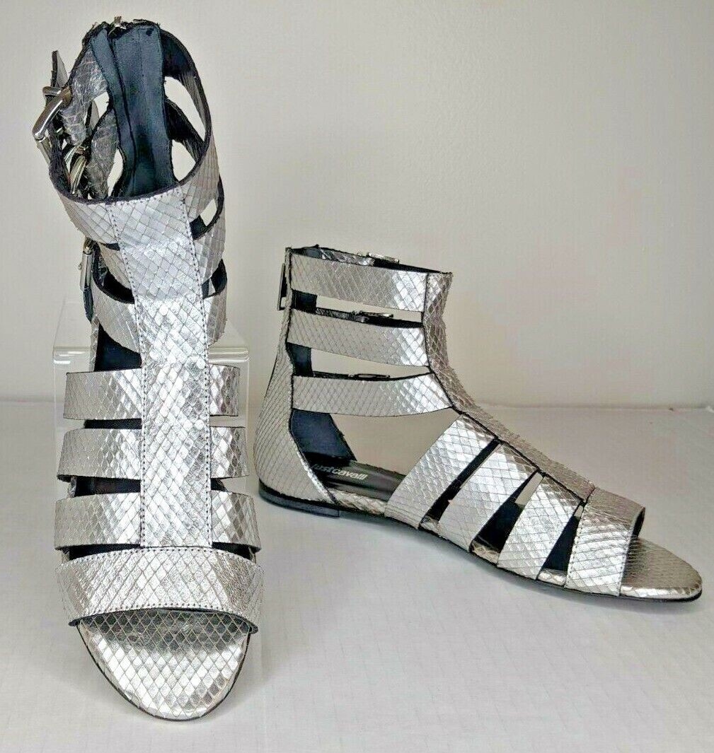 Just Cavalli Python Silver Flat Gladiator Sandal … - image 3