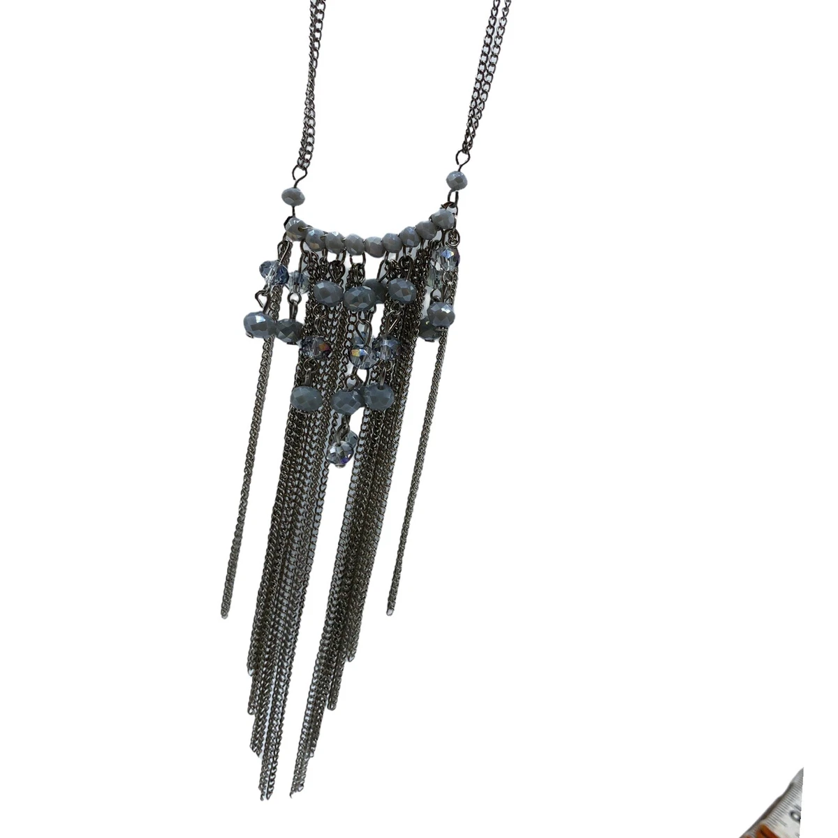NEW Bijoux Terner Silver Tone Tassel Necklace Steel Blue Beaded