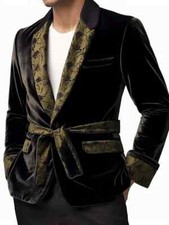 Men's Vintage Velvet Smoking Jacket Thin Lapel Robe with Belt for Evening Party