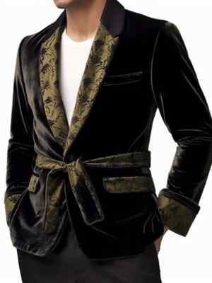 Men's Vintage Velvet Smoking Jacket Thin Lapel Robe with Belt for Evening  Party