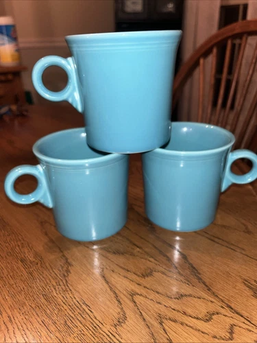 Fiesta Ware Coffee Cup Mug Homer Laughlin HLC O Ring Handle Turquoise Set Of 3