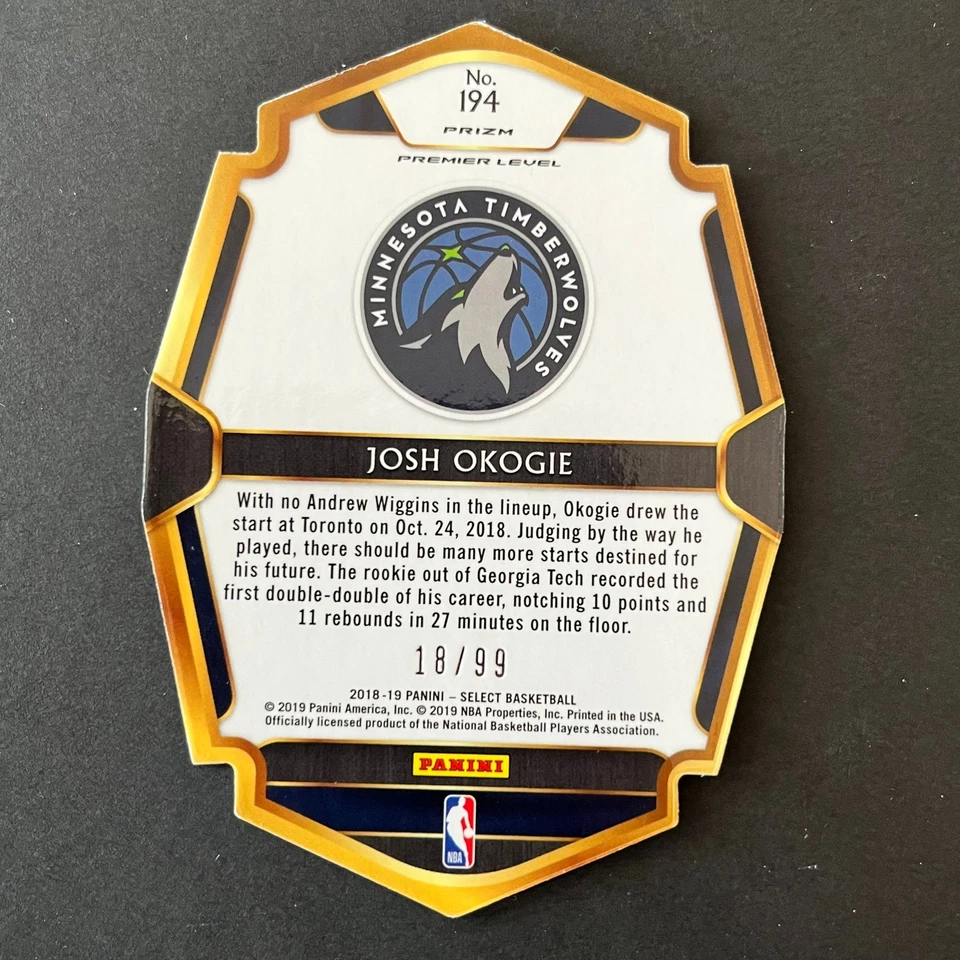 2018-19 Panini Select Purple Die Cut Premier Rookie Josh Okogie /99 Timberwolves - Image 2 of 2