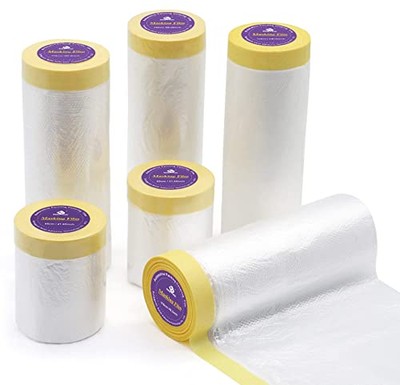  6Rolls Pre-Taped Masking Film, Tape and Drape for Automotive Painting 