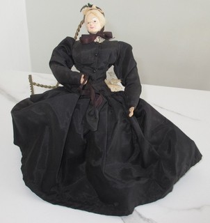Folk Art Antique Homemade Doll Mourning Lady All In Black Taffeta Real Hair