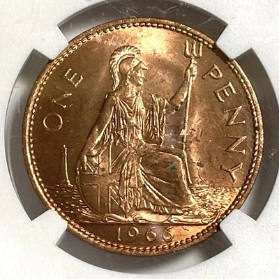 1966 One Penny Great Britain NGC Certified Uncirculated RD Queen Elizabeth 1P - Image 1 of 4