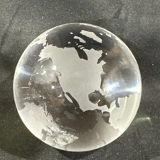 Vintage World Globe Earth Paperweight Etched Frosted Crystal Glass Clear