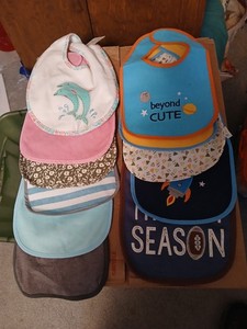 lot of 11 baby bibs football rocket ship dolphins solids some with print NEW