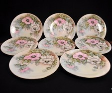 Limoges T&V Set of 8 Plates Pink & White Poppies Artist M. O'Neill HTF 1892-1907