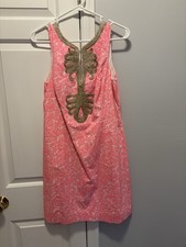 Lilly Pulitzer Janice Shift Sleeveless Dress Hot Pink With Gold Accents. Size 8