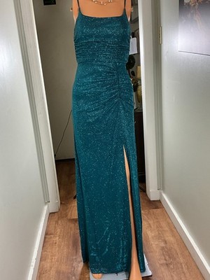 Green Sparkle Glitter Dress Spaghetti Strap Ruched Side Slit Evening Party Forma