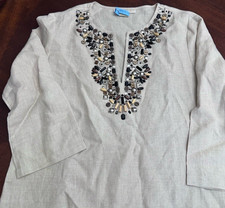 Michael Kors Beige Beaded Stones V Neck Linen Tunic Coastal Popover Top