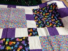 Hand Made Quilt Cat Theme Colorful Purple with Border Quilt