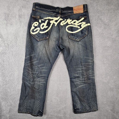 Ed Hardy Jeans Mens 42x32 Blue White Script Logo Pocket Embroidered Dragon Front - Picture 3 of 15