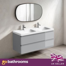 1200mm Wall Hung Vanity Unit Grey Gloss Bathroom Ceramic Basin Double Sink