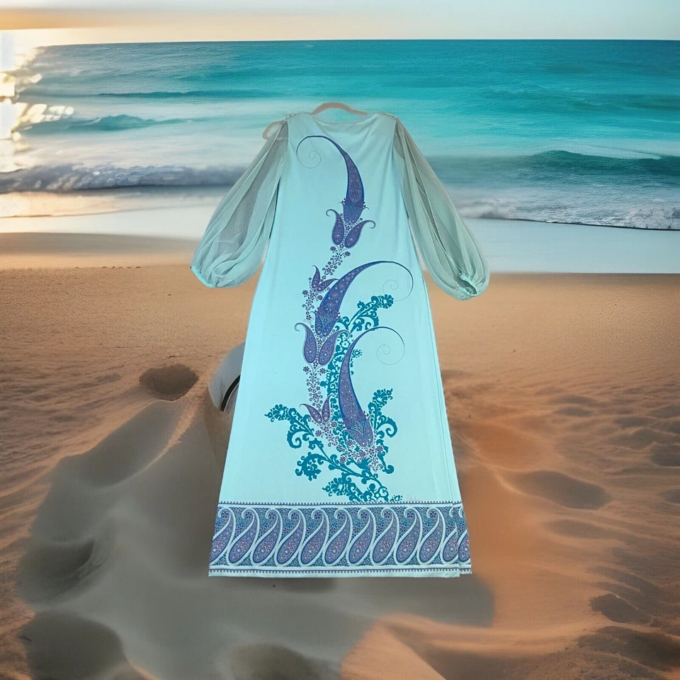 Vestido Alfred Shaheen Talla 6 Gasa Slv Doble Muslo Hasta el Muslo Paisley De Colección Años 70 Foto 2 de 4