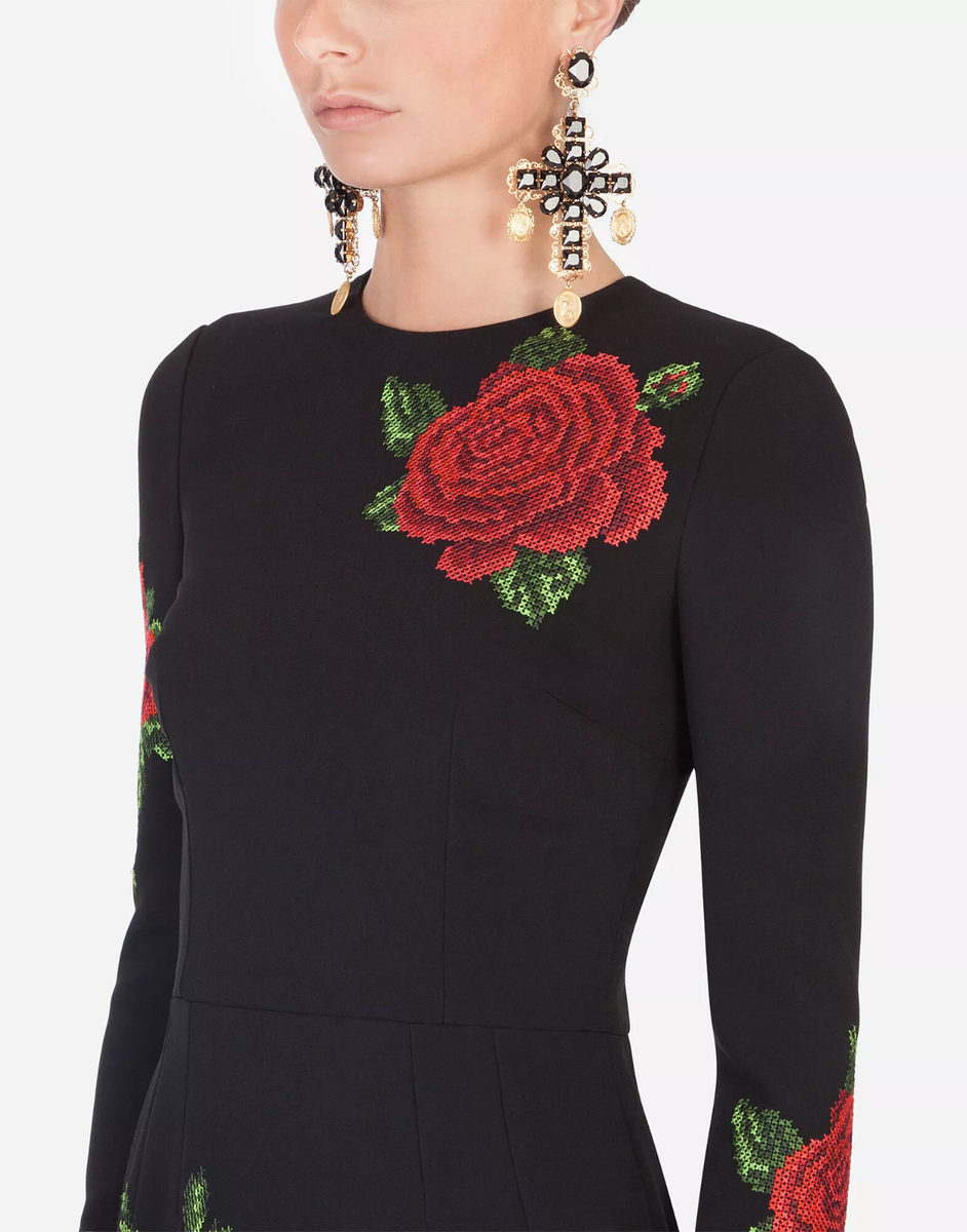Dolce & Gabbana ローズ柄 ボウタイ シルク ドレス ブラック Dolce & Gabbana - Black & White Rose Print Dress