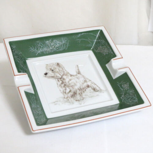 Auth Hermes Dog West Highland White Terrier Green Ashtray Porcelaine 15.5cm/6"
