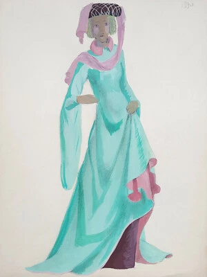 COSTUME MEDIEVAL Femme DESSIN ORIGINAL Gouache PEINTURE Mode THEATRE XX° - Photo 1/2