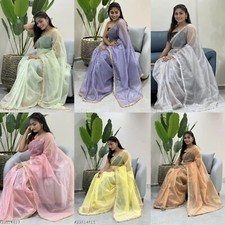 Women's Shining Nylon Net Saree with Separate Blouse Piece