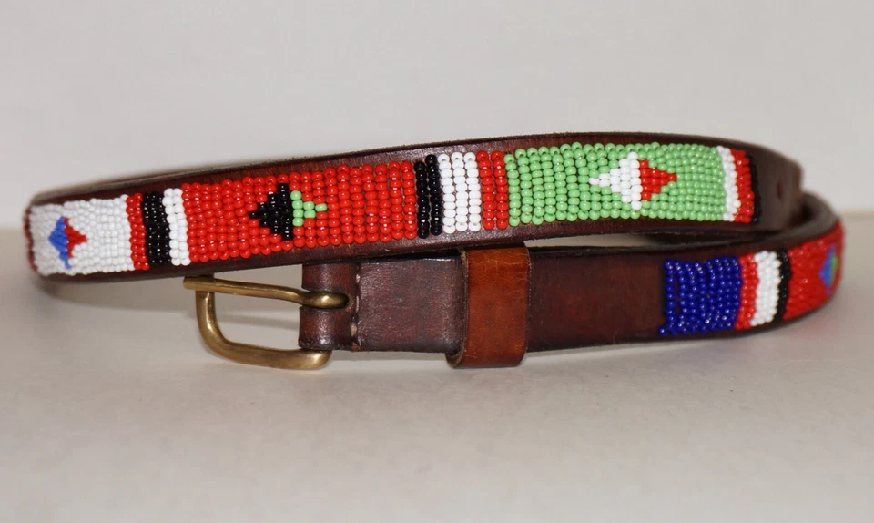 Cinturón suroeste vintage artesanal artesanal de cuero marrón y cuentas de color 34" Foto 4 de 4