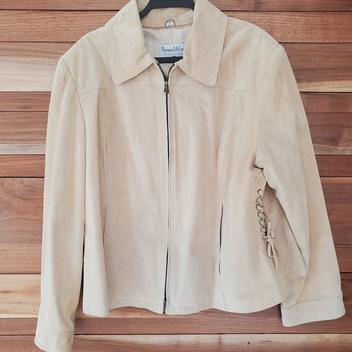Pamela McCoy Suede Jacket Women s Ivory Leather Lacing Collared Zip Size 2X